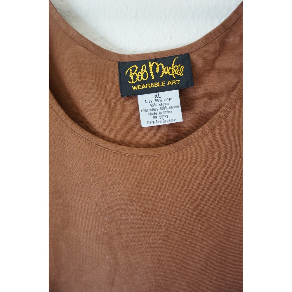 Bob Mackie Tank Top Linen Blend Embroidered Scalloped Hem Lagenlook Brown XL - Picture 3 of 6